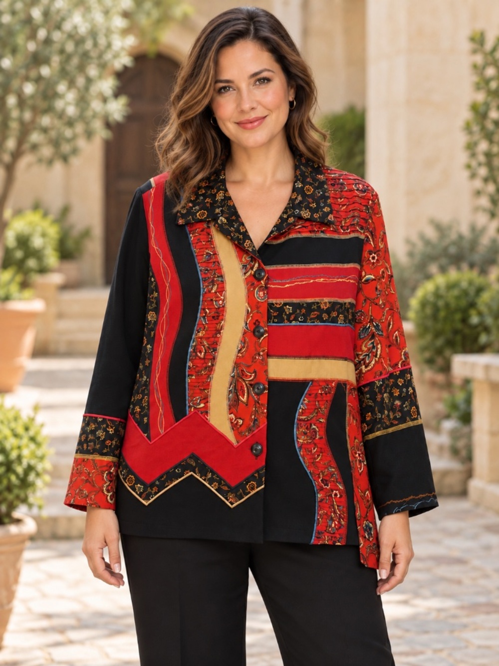 Koret Womens L Vintage Patchwork Floral Jacket Red Black Artsy Boho
